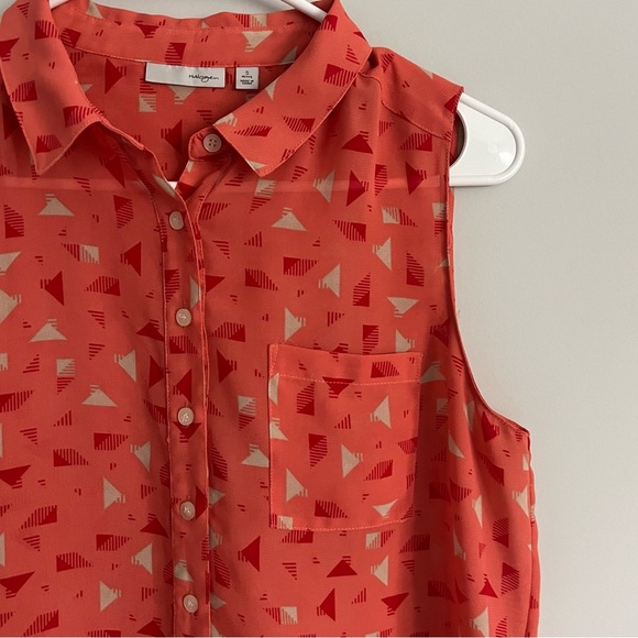 Halogen Pink and Red Geo Print Sheer Button Down Sleeveless Blouse - Picture 4 of 4